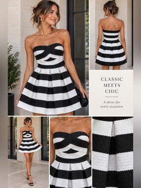 Express Black and White Strapless Stripe Dress for Women